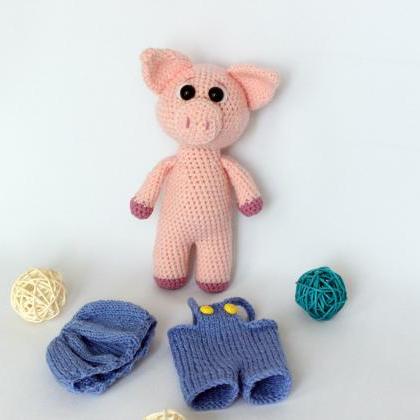 Crochet Amigurumi Pink Pig Toy In Pants, Pig Doll,..