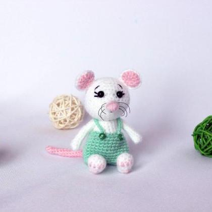 Miniature Crocheted Toy White Mouse In Pants,..