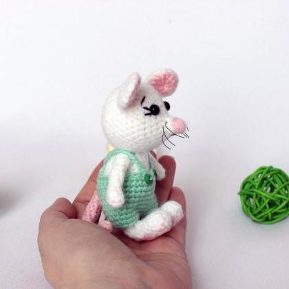 Miniature Crocheted Toy White Mouse In Pants,..