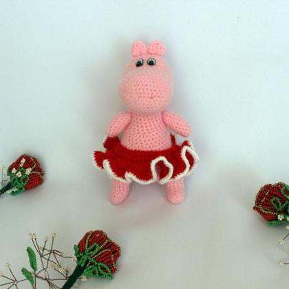 Crochet Toy Pink Hippo In Skirt, Knit Toy Hippo,..