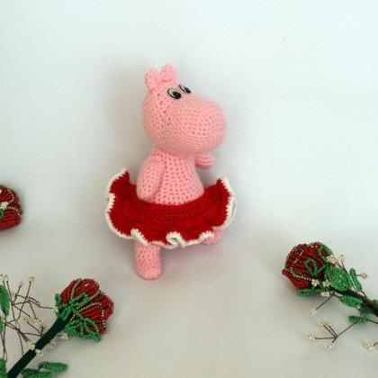 Crochet Toy Pink Hippo In Skirt, Knit Toy Hippo,..