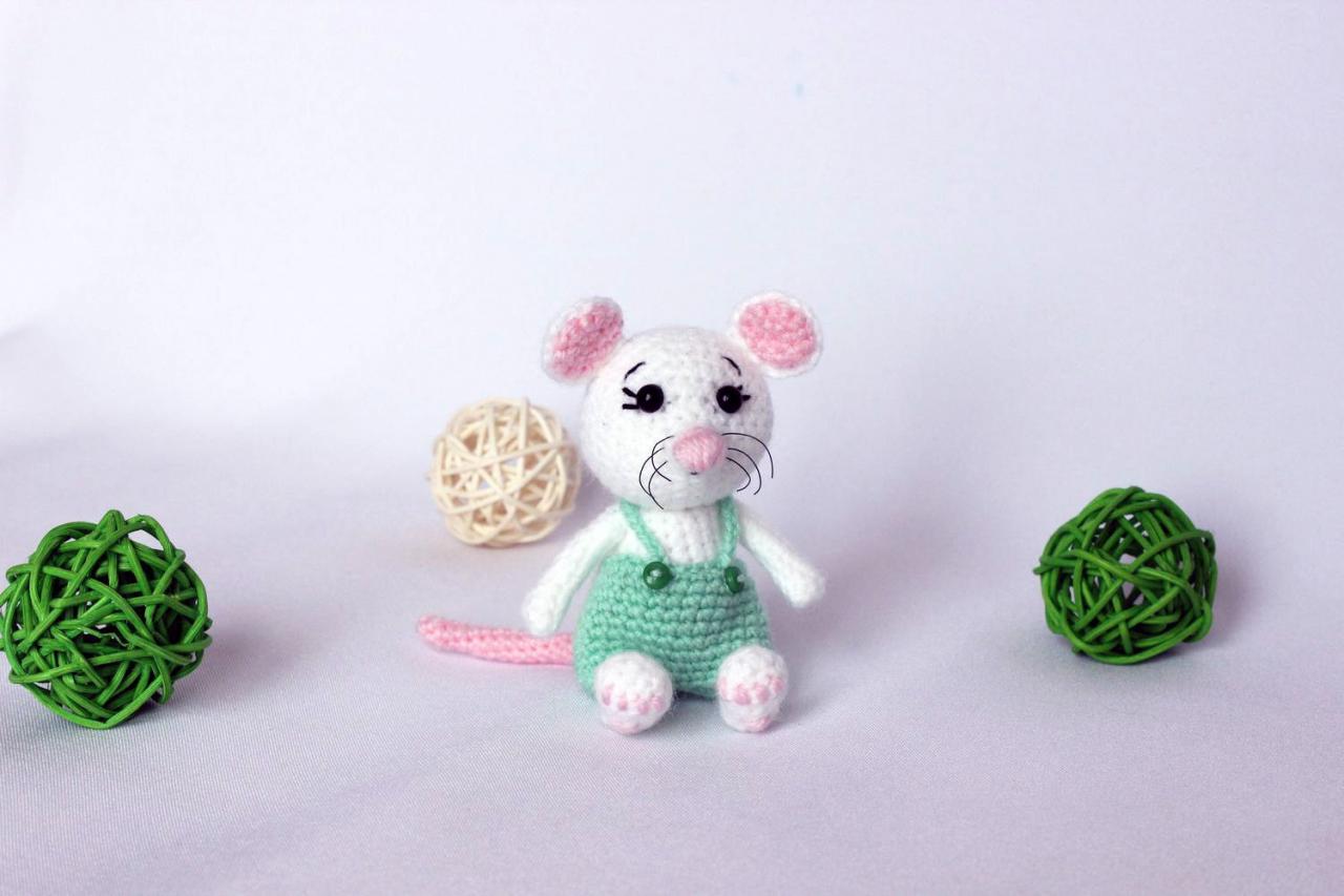 Miniature Crocheted Toy White Mouse In Pants, Handmade Toy Mouse, Amigurumi Animal, Knitted Toy Mouse, Soft Toy, Home Decor, Gift Idea Mom