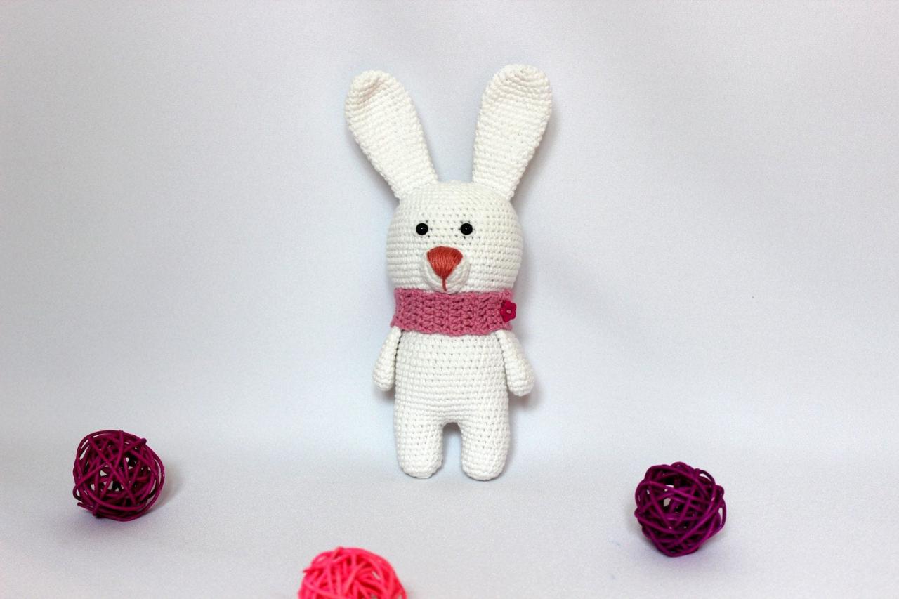 Crochet Toy Rabbit In Scarf, Knitted Toy Hare, Crochet Rabbit, Knitted Hare, Amigurumi Animal, Handmade Rabbit Toy, Easter Bunny