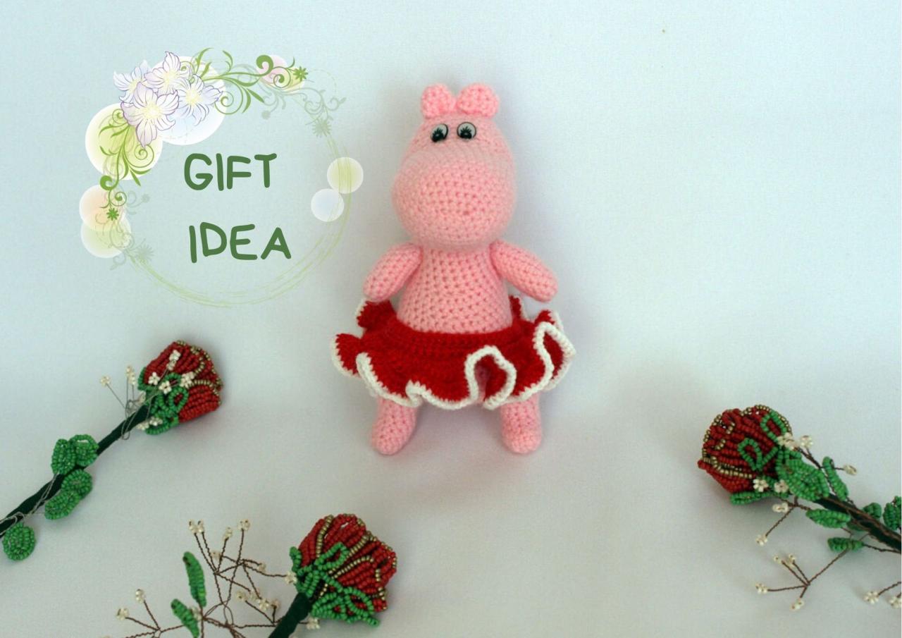 Crochet Toy Pink Hippo In Skirt, Knit Toy Hippo, Handmade Hippo Toy, Home Hippo Decor, Crochet Hipopotamus, Amigurumi Animal, Gift For Mom
